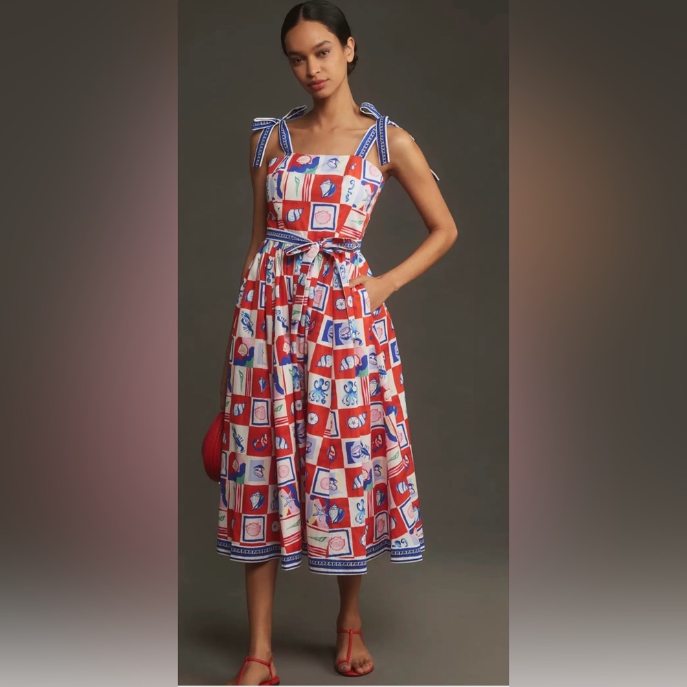 NWT HUNTER BELL Quincy dress sea tiles Red white and blue bow Midi July 4th